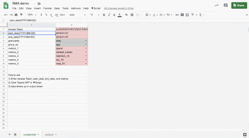 Tenjin Reporting Metrics API in Google Sheets